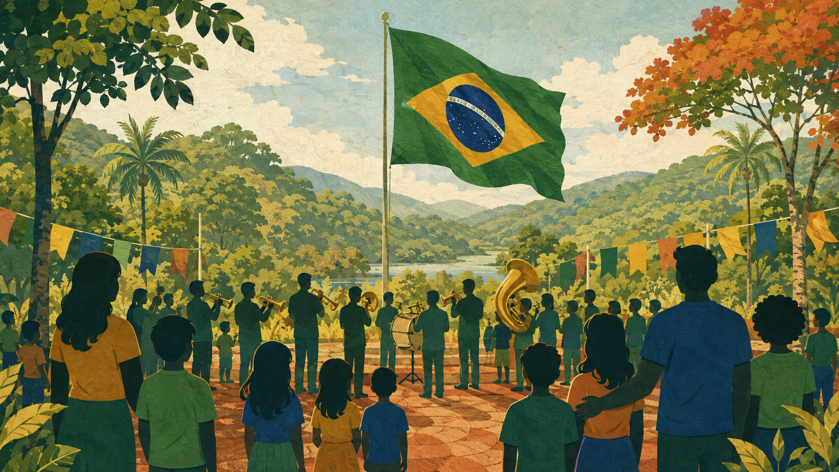Cerimônia cívica diante de um prédio público municipal